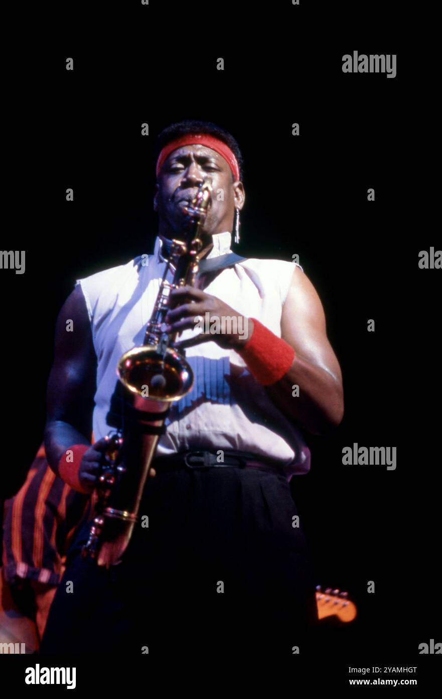 DETROIT - JULY 30: American saxophonist Clarence Clemons during Bruce Springsteen's 'Born In The USA Tour' on July 30, 1984, at Joe Louis Arena in Detroit, Michigan.Credit: Ross Marino Archive / MediaPunch Stock Photo