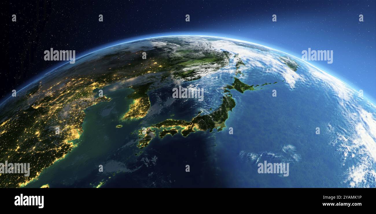 Highly detailed Earth with atmosphere, exaggerated relief and light-flooded cities. Transition from night to day. Part of Asia, Japan and Korea. 3D re Stock Photo