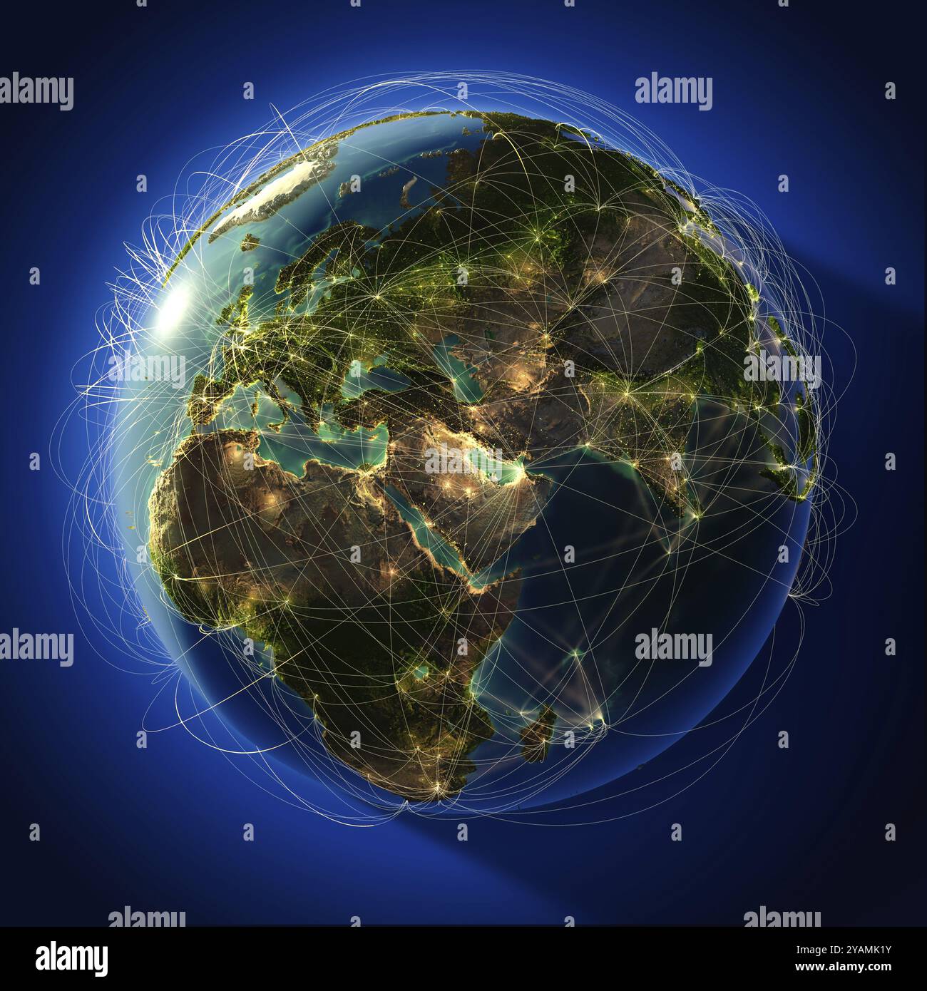 Highly detailed planet Earth at night, lit from behind the evening sun, with embossed continents, illuminated by light of cities, translucent and refl Stock Photo
