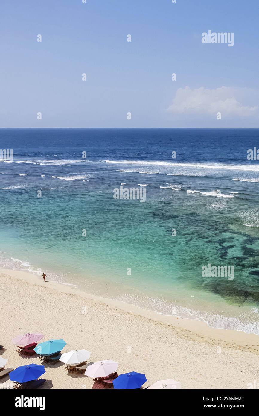 Day top view on Indian ocean and Melasti beach with white sand on Bali, Indonesia, Asia Stock Photo