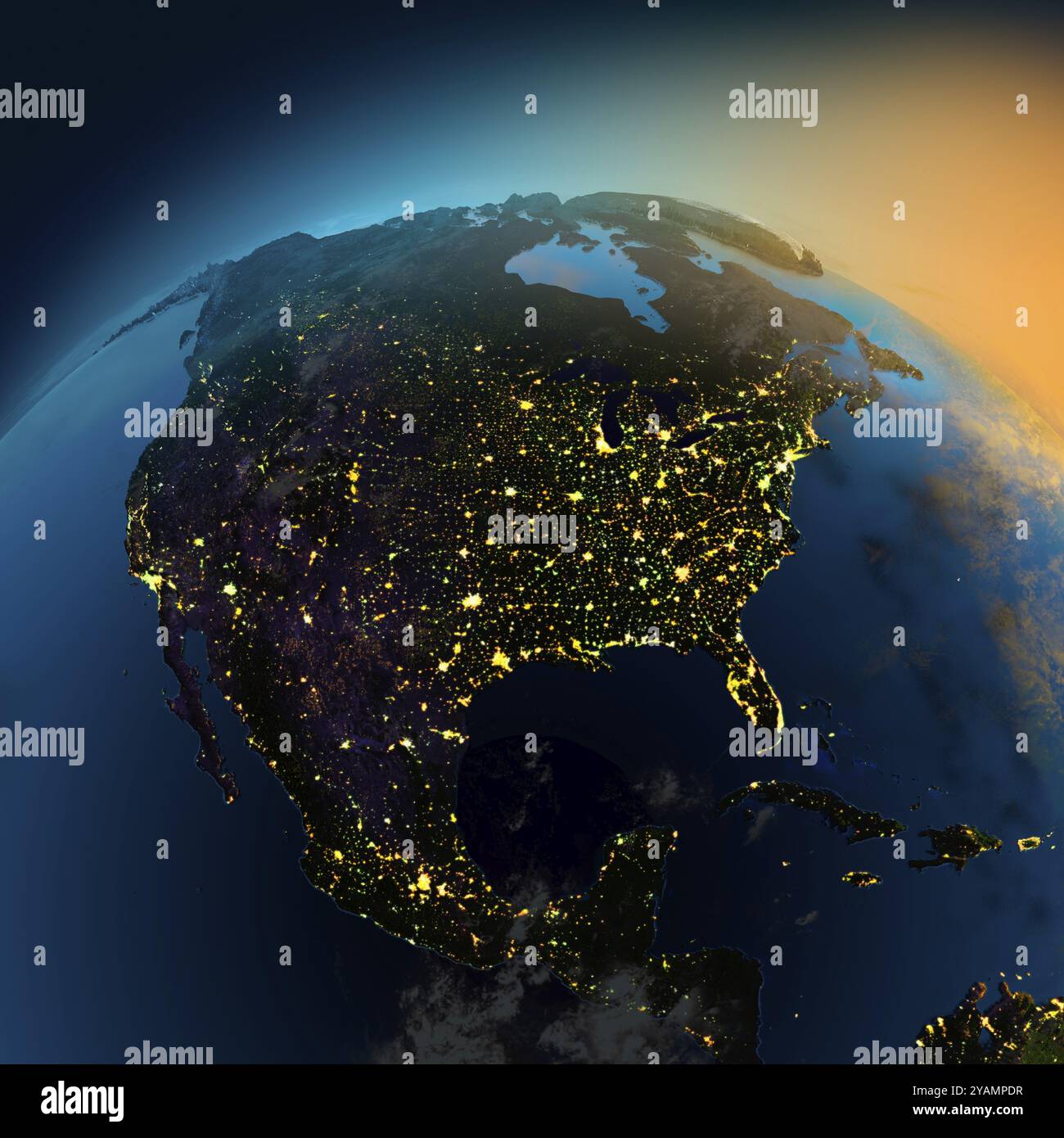 Night view of North America from the satellite to the glowing lights of towns on the sunrise from the east Stock Photo