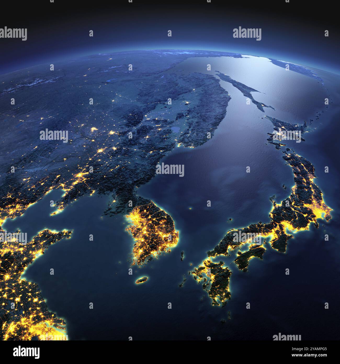 Night planet Earth with precise detailed relief and city lights ...