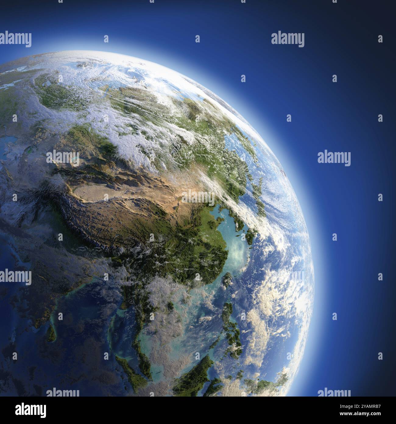 Earth with relief, high detailed surface, translucent ocean and atmosphere, illuminated by sunlight Stock Photo