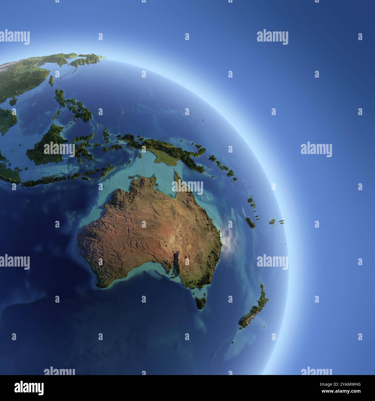 A fragment of the Earth with high relief, detailed surface, translucent ocean and atmosphere, illuminated by sunlight Stock Photo
