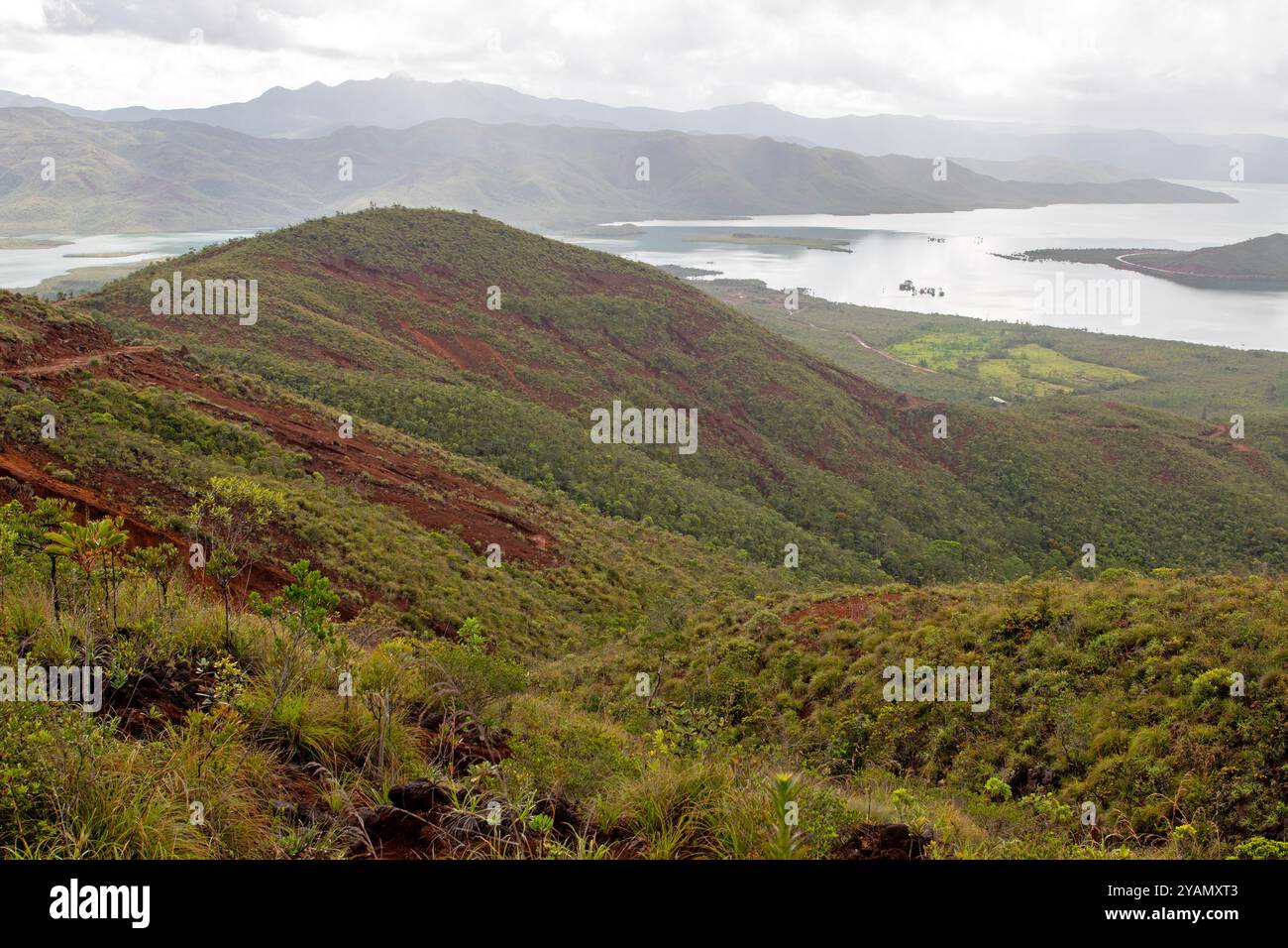 View of Yaté Lake from the surrounding hills in Blue River Provincial Park Stock Photo