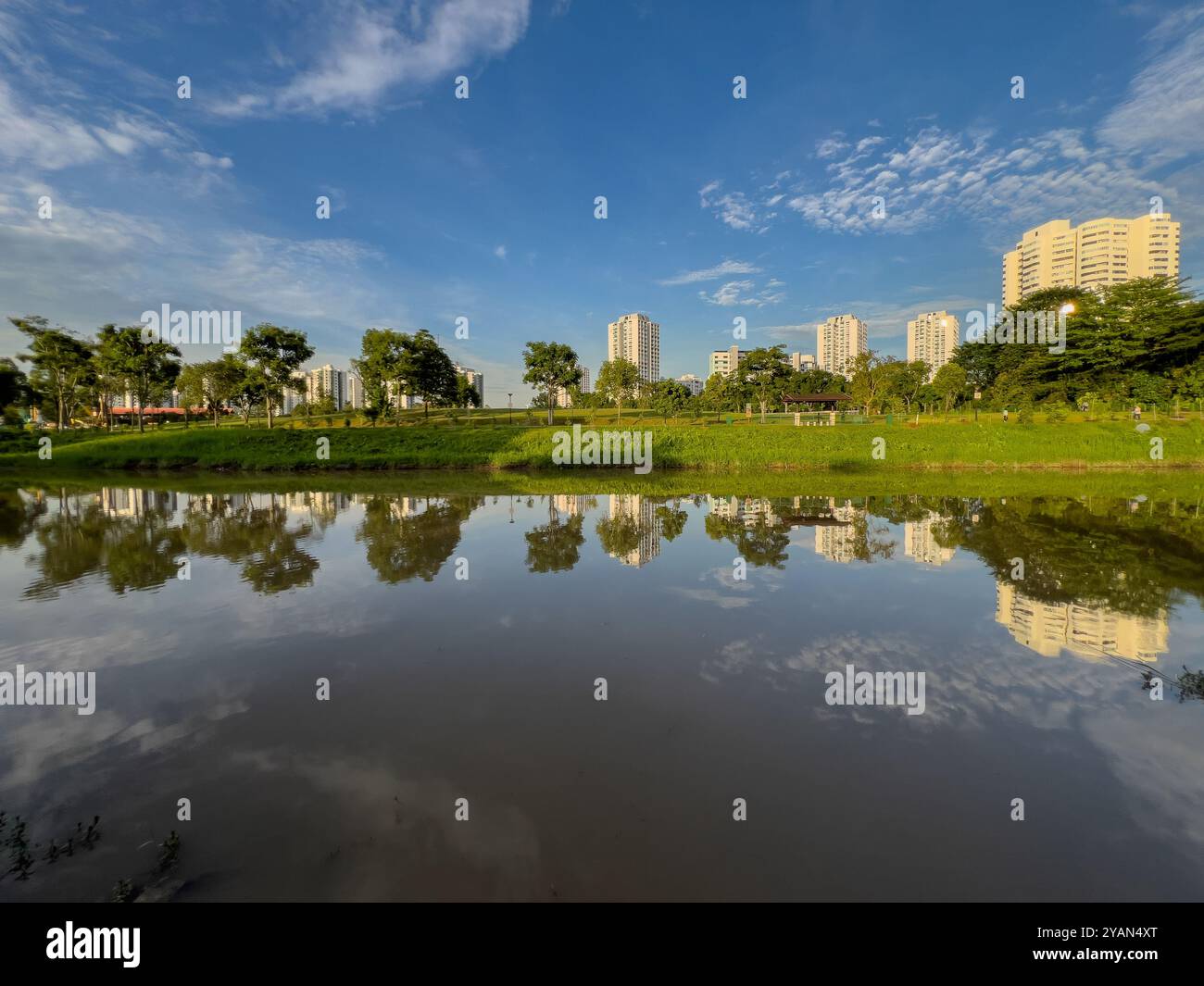 Landscape lake view at Chinese Garden. Beautiful sun setting down from the west offers a beautiful lighting condition. Sense of good mood. Singapore. - Smartphone Captured Stock Image