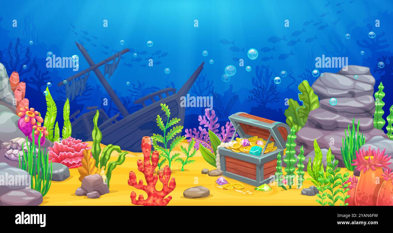 Sunken ship and pirates treasure chest, cartoon underwater game ...