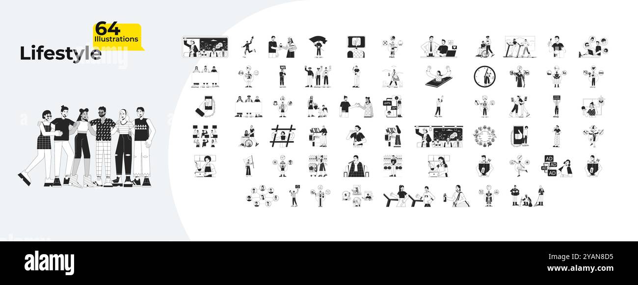 Lifestyle human relationships outline illustrations mega bundle Stock Vector