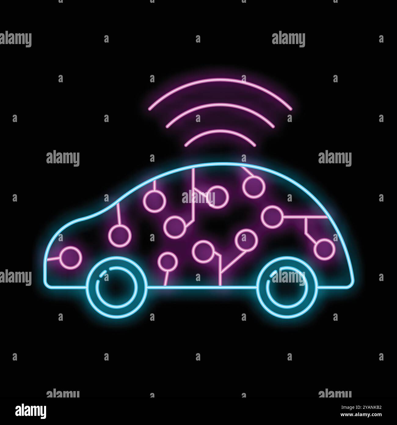 Neon icon of a smart car using a wireless network for communication and ...