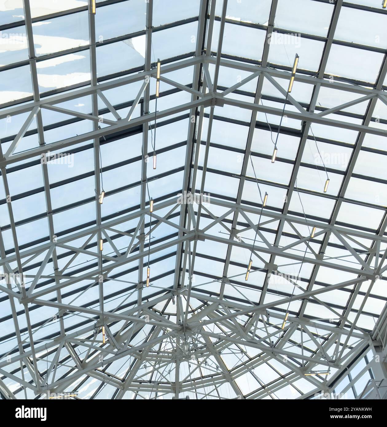 Lights and ventilation system in long line on ceiling of the industrial ...