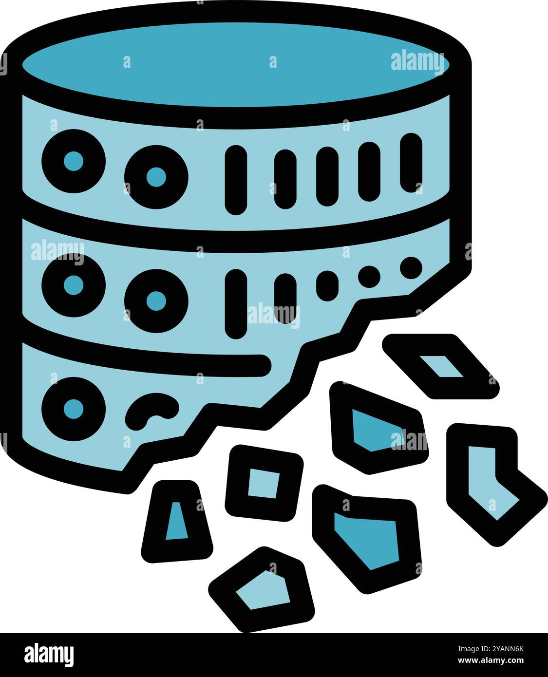 This icon represents a database crumbling, symbolizing a potential loss of data Stock Vector
