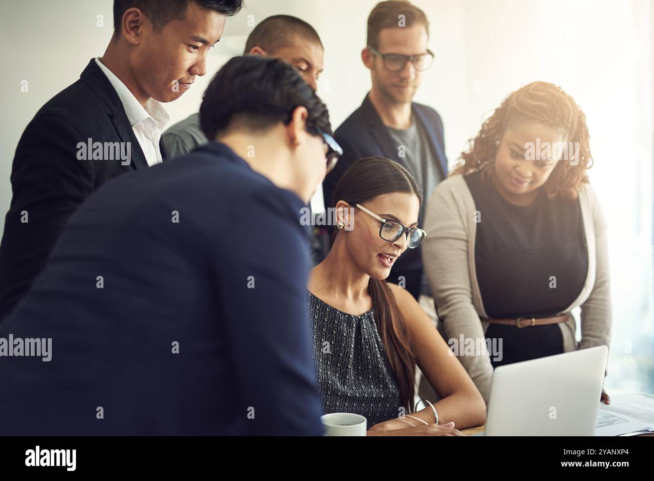 Business people, laptop and collaboration in office for diversity ...