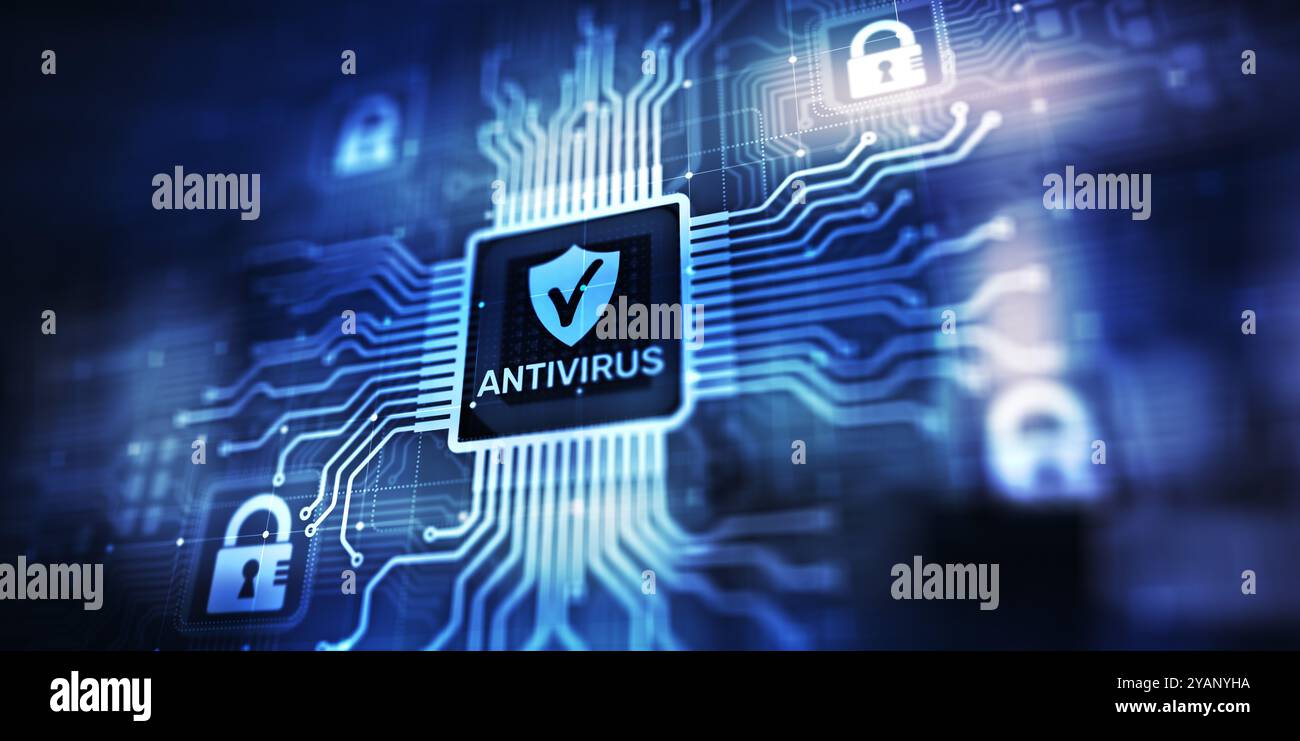 Antivirus Cyber security Data protection Technology concept on virtual screen. Stock Photo