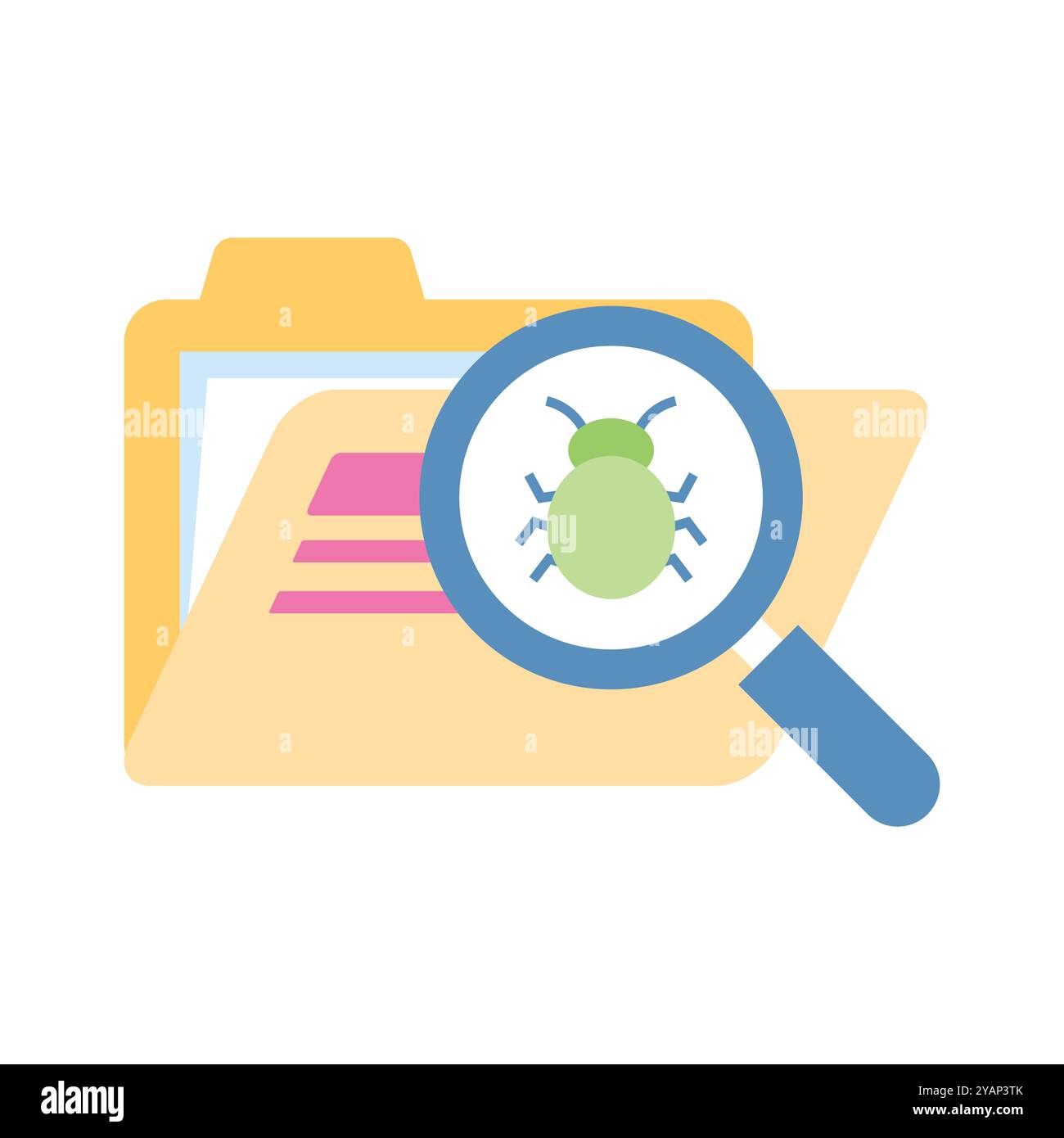 Bug under magnifier with data folder denoting icon of bug searching, virus scanning vector Stock Vector