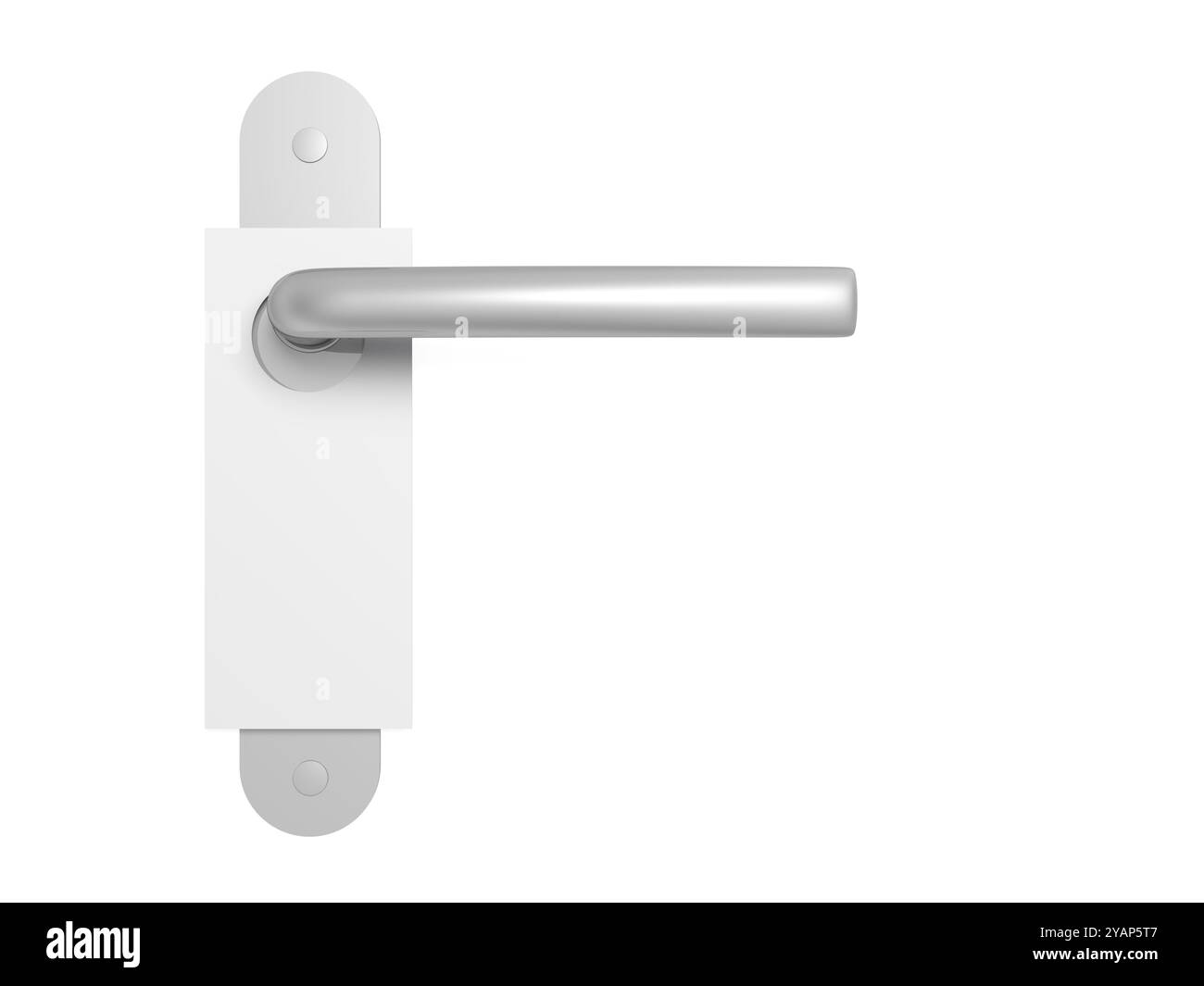 Chrome door handle with door hanger isolated on white background. Doorknob. Doorhanger.  Blank. 3d illustration. Stock Photo