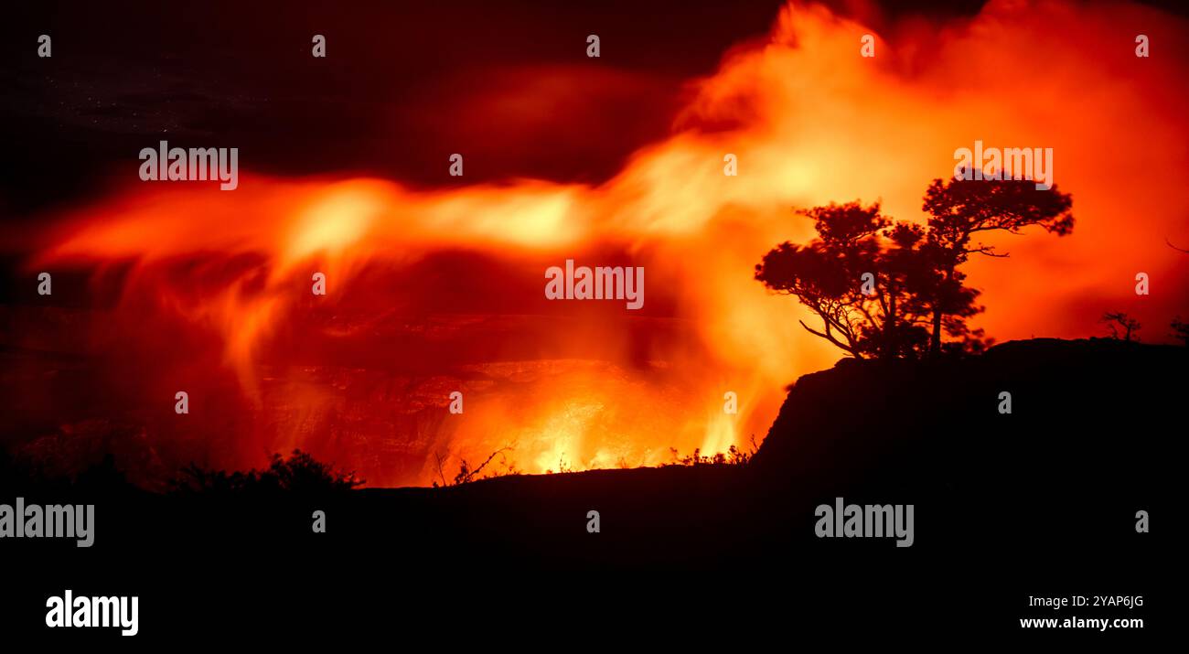 Native flora silhouetted against glowing steam from the lava lake in the Halemaumau crater of Kilauea Volcano  in Volcanoes National Park in Hawaii Stock Photo