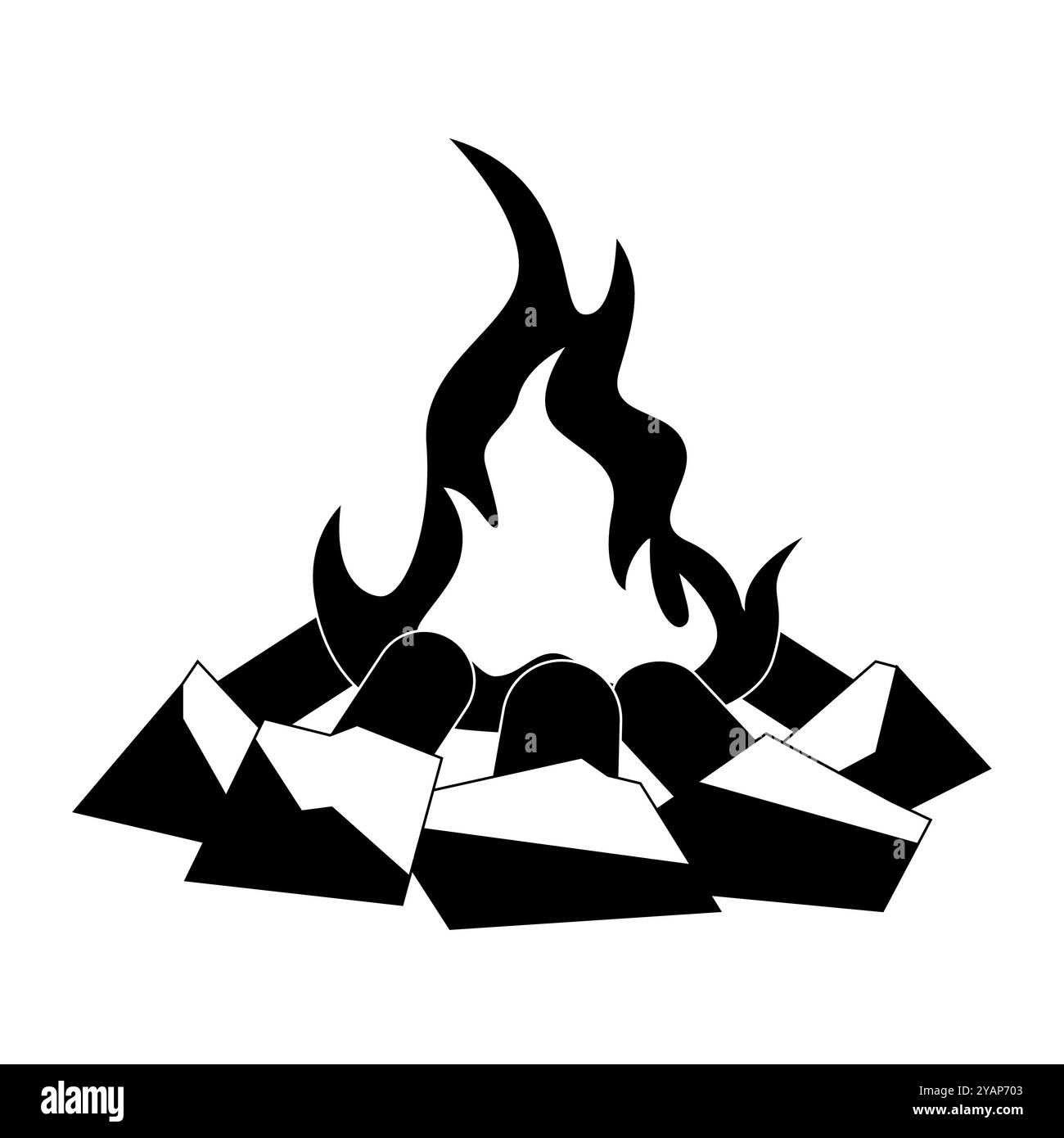 A campfire surrounded by rocks isolated on a white background ...