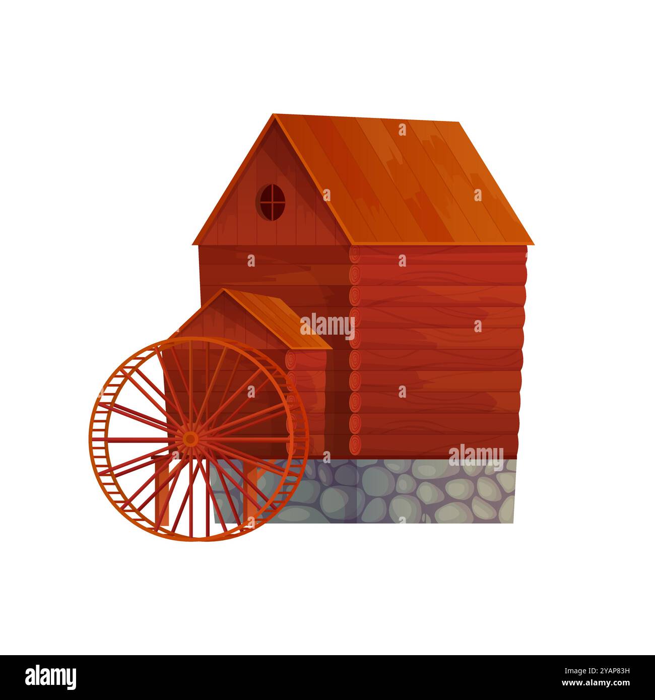 Old wooden and stone water mill building with wheel to grind wheat grains into flour vector illustration Stock Vector