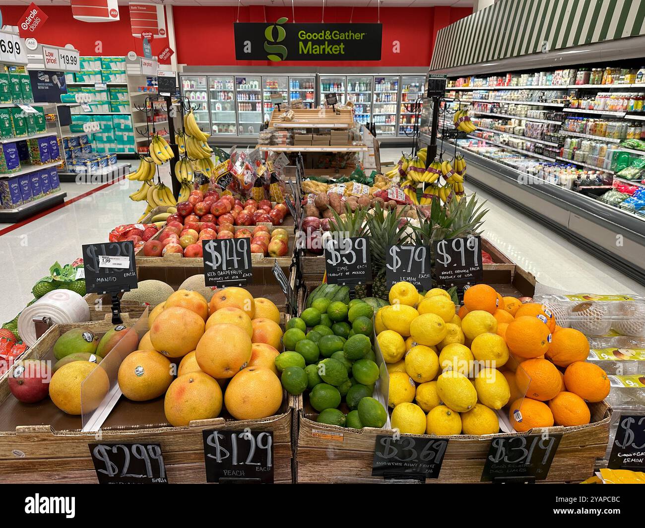 Fresh fruits on display in a local Target supermarket aisle Stock Photo