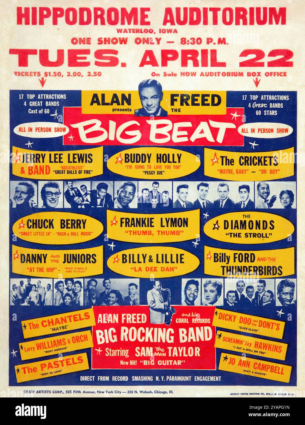 Buddy Holly, Chuck Berry, Jerry Lee Lewis, The Crickets, Frankie Lymon,  1958 Alan Freed 'Big Beat', Hippodrome Auditorium, Iowa Concert Poster. Stock Photo