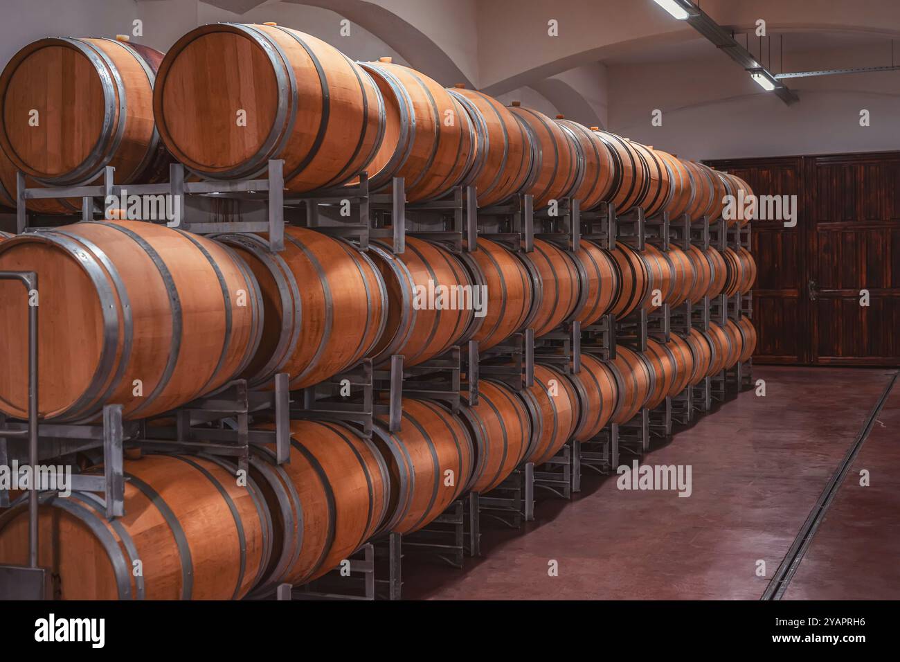 Rows of wine barrels resting in cellar Stock Photo - Alamy