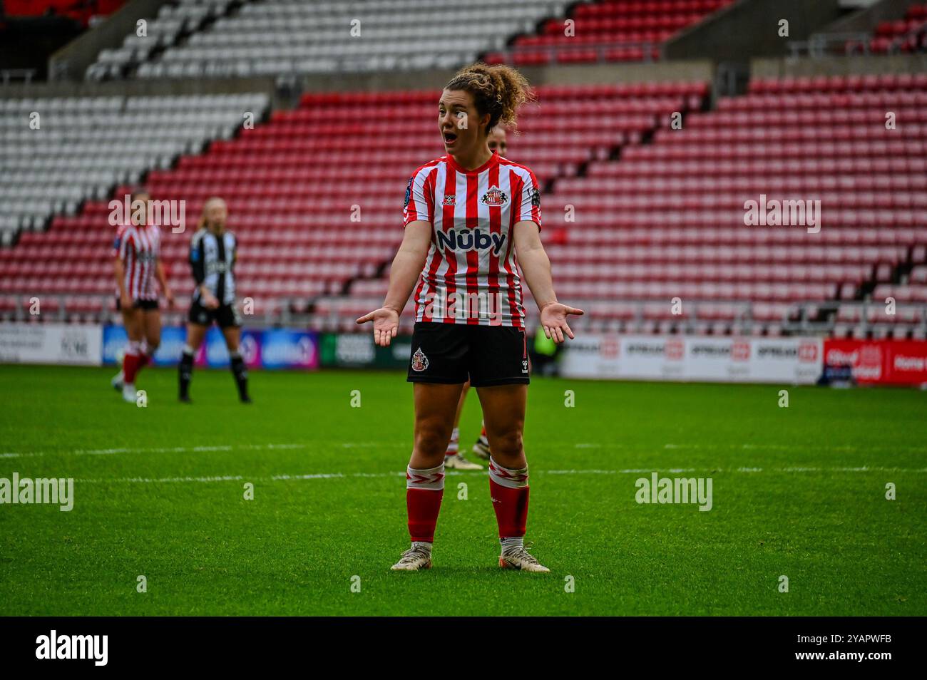 Sunderland Women's Mary McAteer demands the ball against Newcastle United Women in the Wear Tyne Derby. Stock Photo