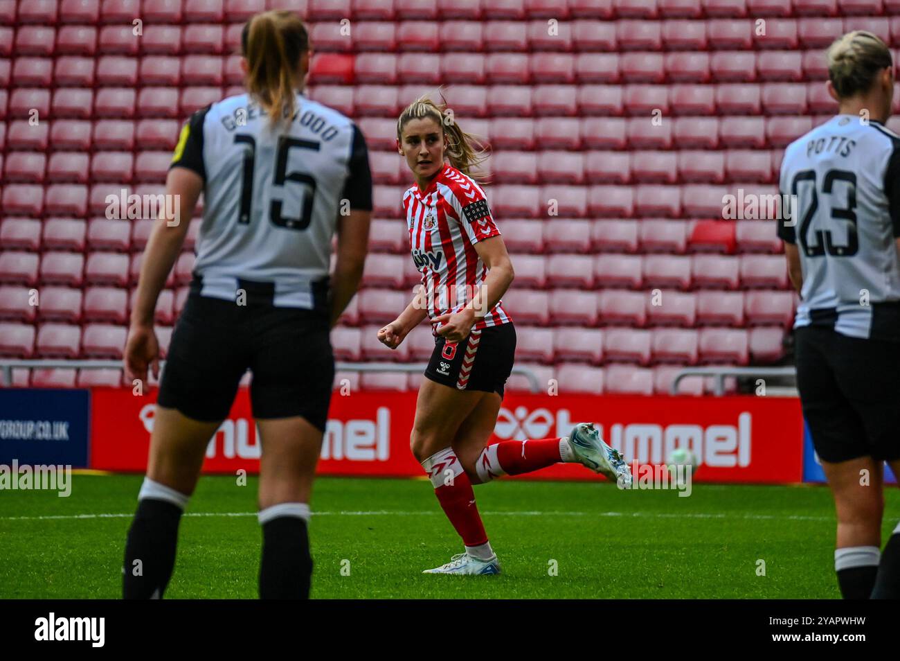 Sunderland Women's Emily Scarr celebrates scoring against Newcastle United Women in the Wear Tyne Derby. Stock Photo