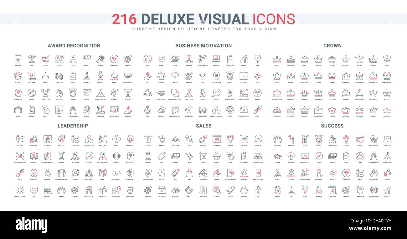 Company management, business motivation and winners award line icon set ...
