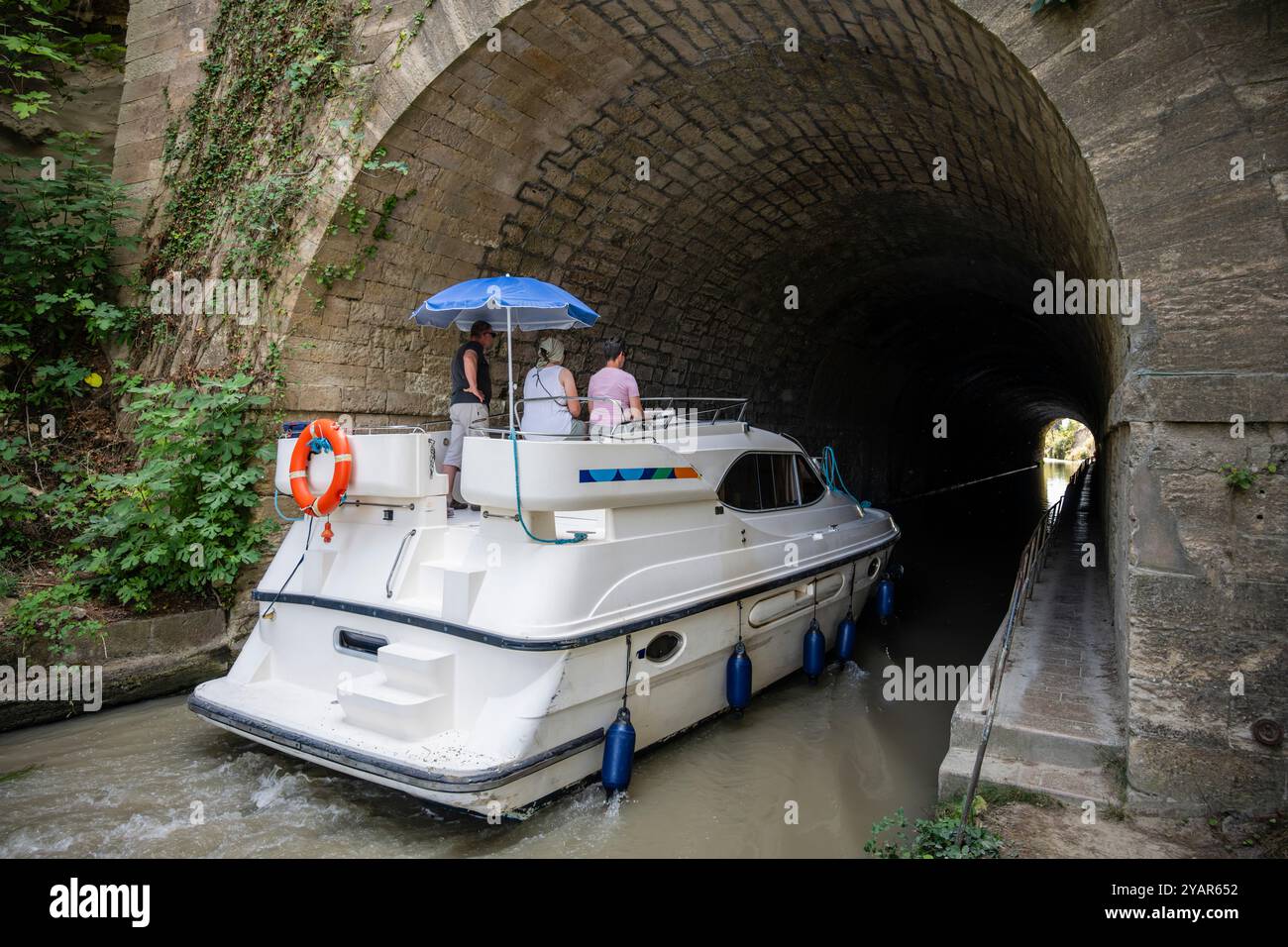 Canal du Midi at the start of the Tunnel du Malpas, the world's oldest canal tunnel, under the d'Enserune hill in Herault, France. Stock Photo