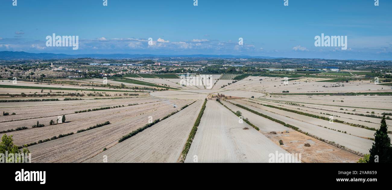 Viewpoint overlooking the  Etang de Montady, an unusual division of farming land that makes a striking pattern, Colombiers, France. Stock Photo
