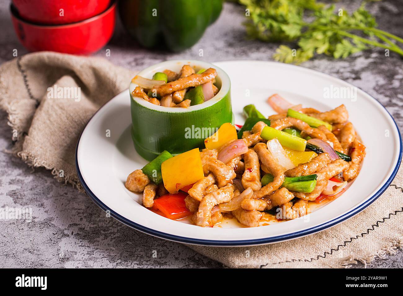 Sautéed（stir fried）pork with green pepper, Country Style Stock Photo