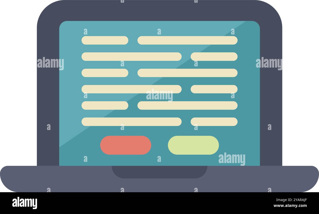 Laptop is showing code on its screen, with two buttons, suggesting programming and software development Stock Vector