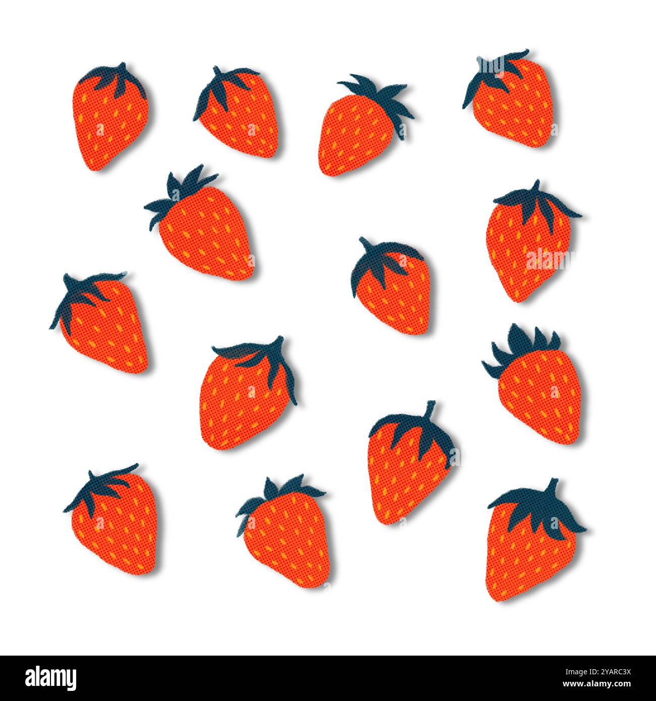 Halftone strawberry grunge texture illustration collection. Red berry fruit isolated with shadow. Spring summer season Graphic resource. Hand drawn Bo Stock Photo