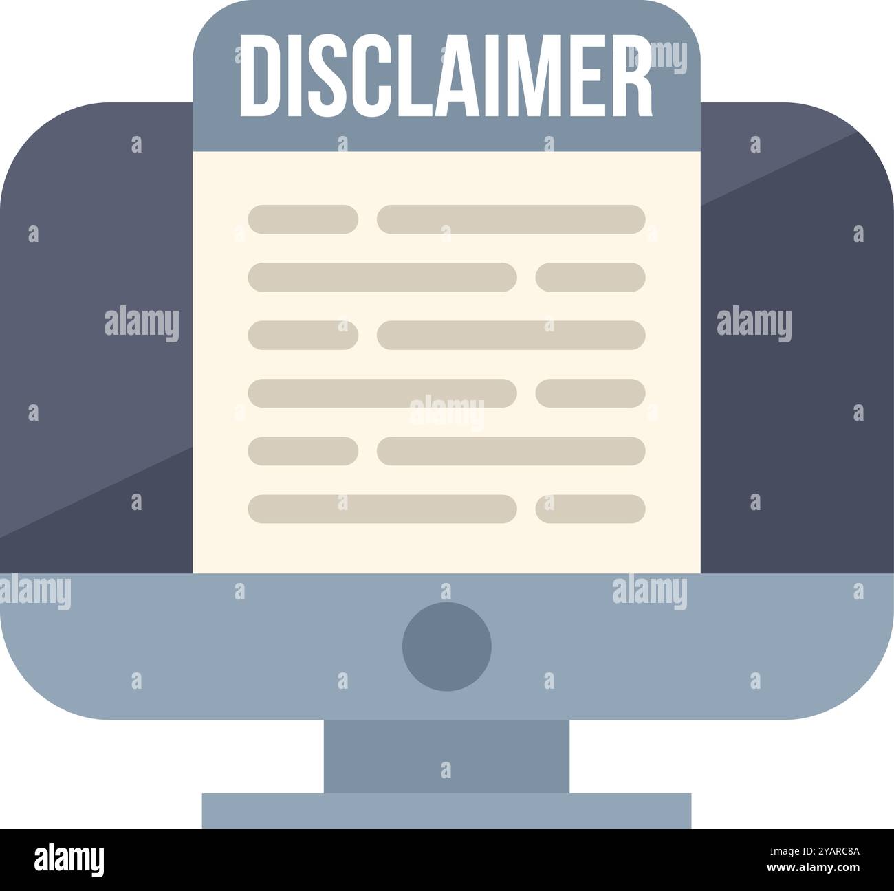 Disclaimer warning message being displayed on a computer screen icon, in a flat design Stock Vector