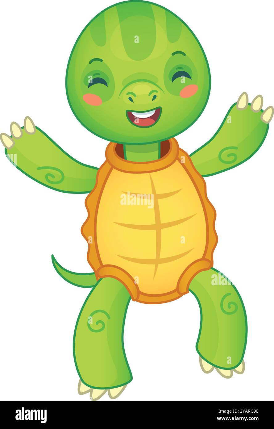 Cheerful cartoon turtle happily walks with arms wide open and a big smile, perfect for kids designs. Stock Vector