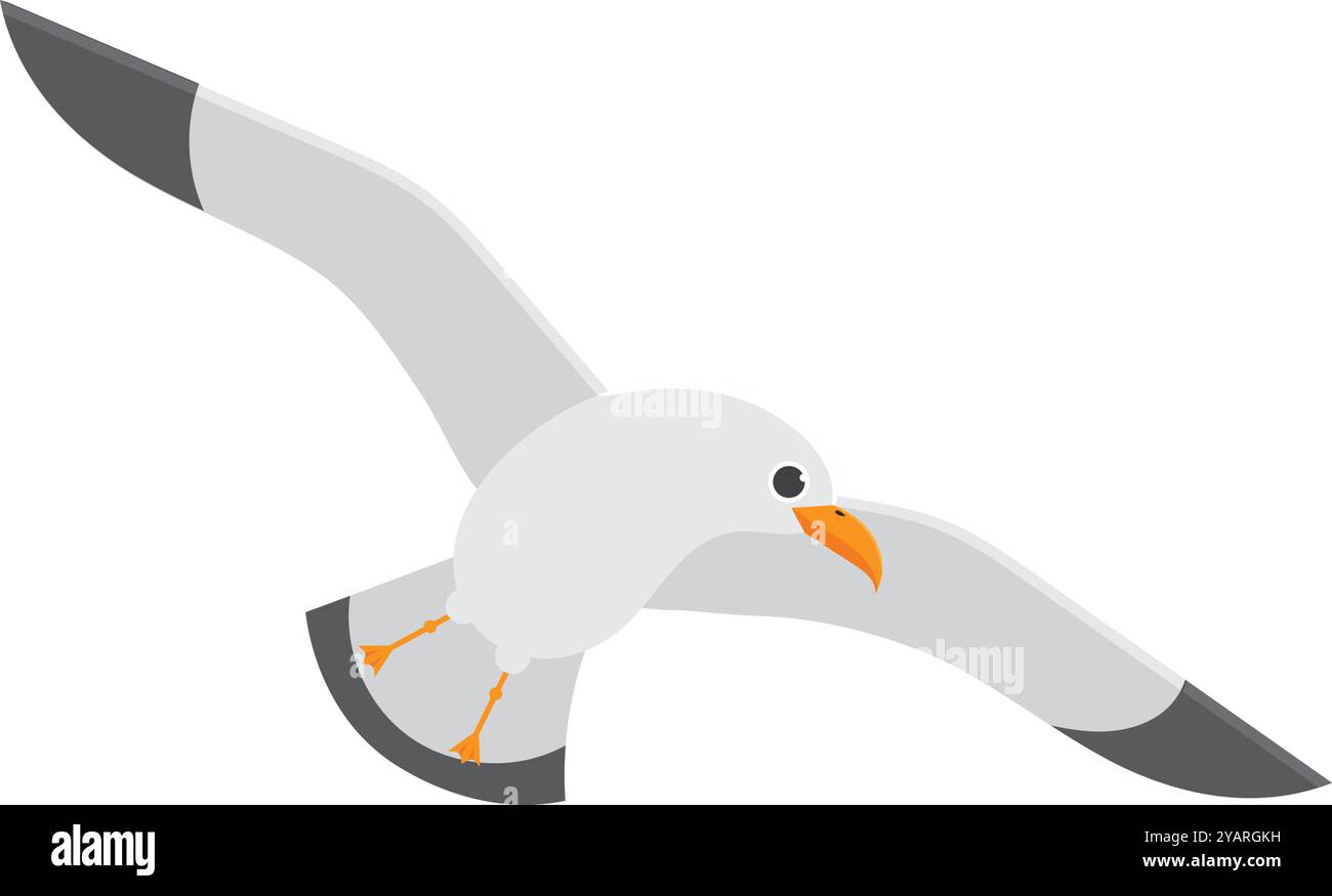 Cartoon illustration of a seagull flying with spread wings, isolated on ...