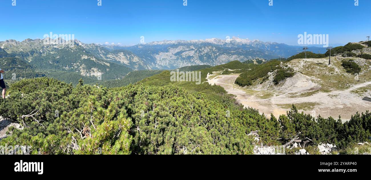 A photograph captures a breathtaking sunny mountain landscape on a clear summer day, with lush green hills and towering peaks. - Smartphone Captured Stock Image