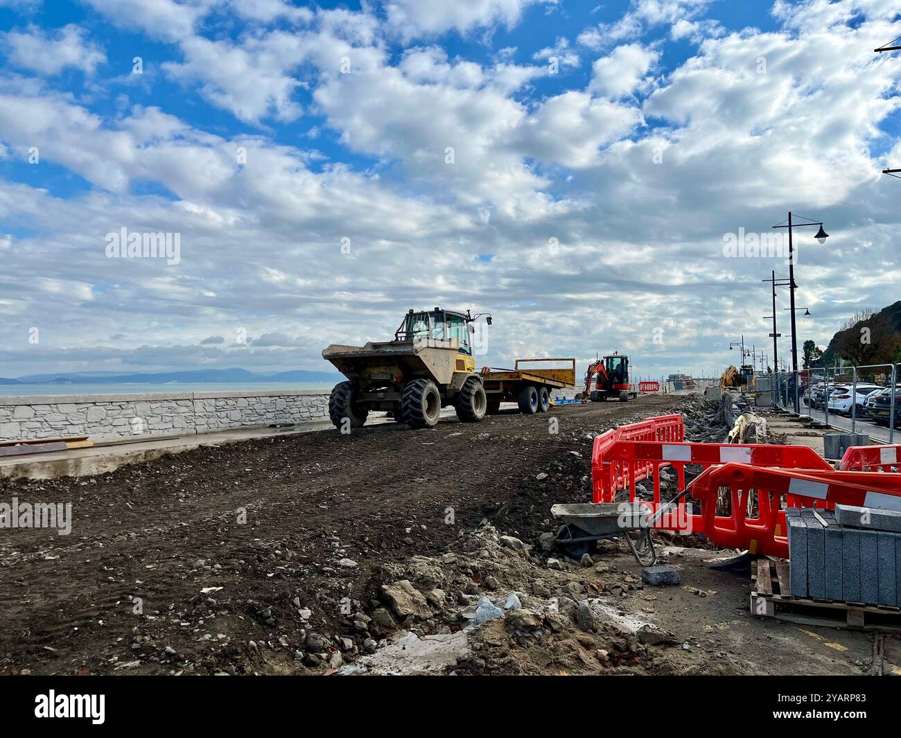 The ongoing construction works of the Mumbles Coastal Protection Scheme. Mumbles. Swansea. Wales, United Kingdom. 12th October 2024. - Smartphone Captured Stock Image