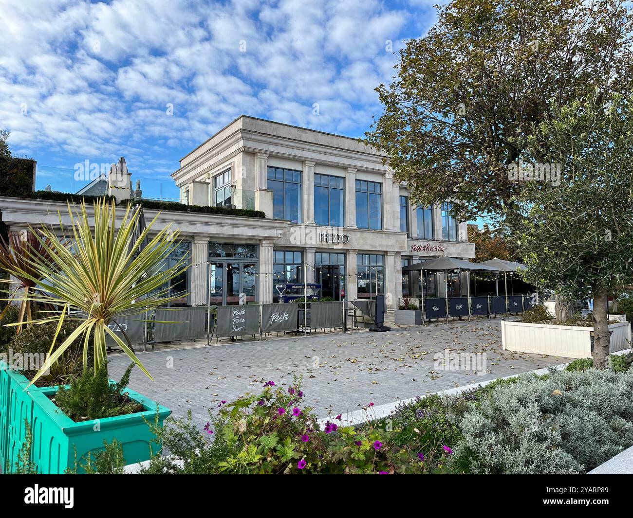 Prezzo Italian Restaurant in Oyster Wharf, seen from the Mumbles Prom. Mumbles, Swansea, Wales, United Kingdom. 12th October 2024. - Smartphone Captured Stock Image