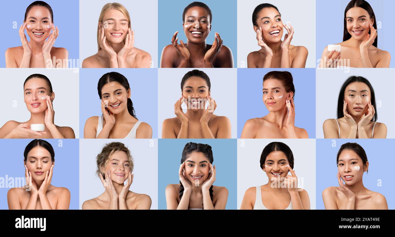 Diverse women demonstrating skincare routines on a light blue ...