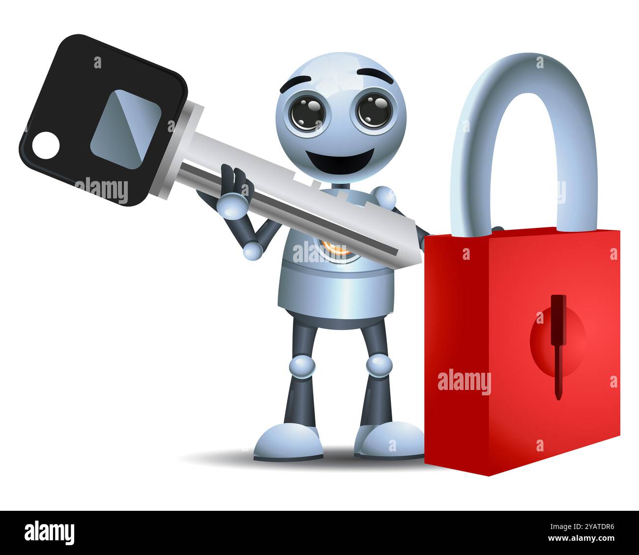 3D illustration of a little robot worker showing key and safety lock on isolated white background Stock Photo