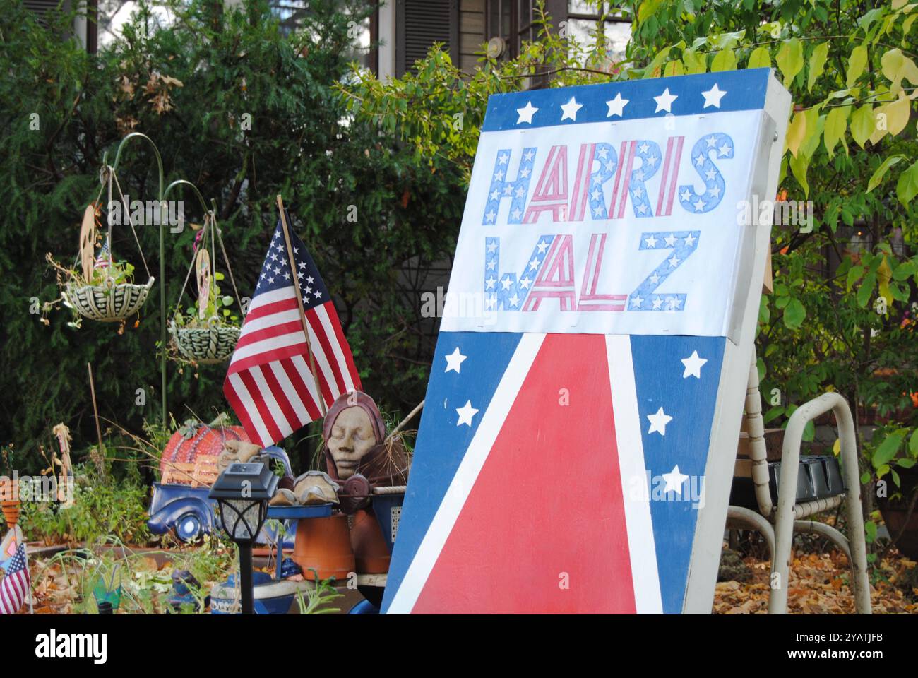 Rutherford, New Jersey, USA - October 15 2024: Homemade sign supporting Kamala Harris and Tim Walz ahead of the United States Presidential Election. Stock Photo