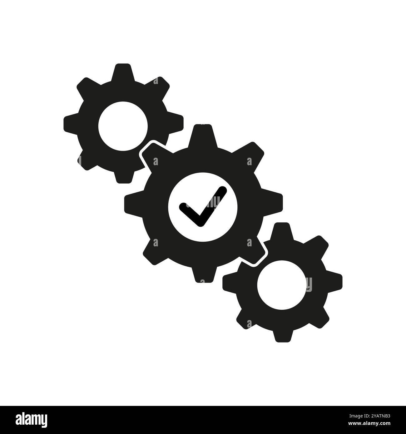 Three cogwheels icon. Check mark inside gear. Black and white gears ...