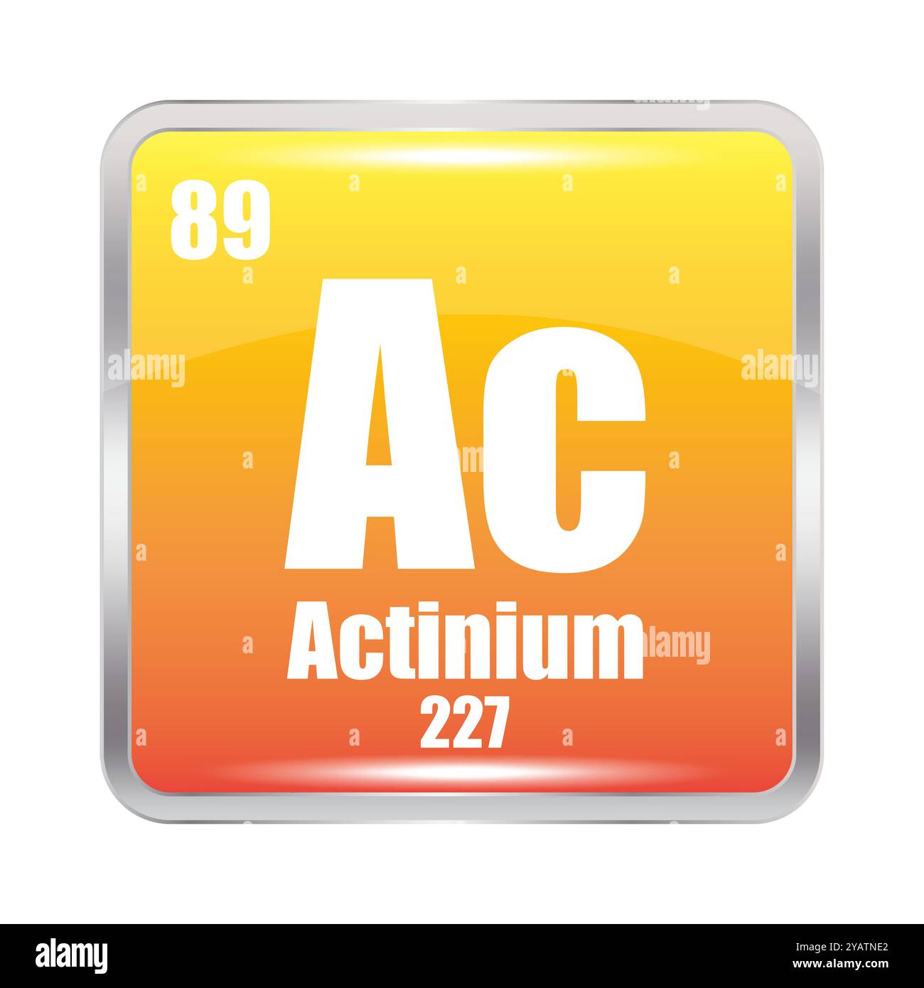 Actinium icon. Ac chemical element. Atomic number 89. Mass 227. Yellow square image. Stock Vector
