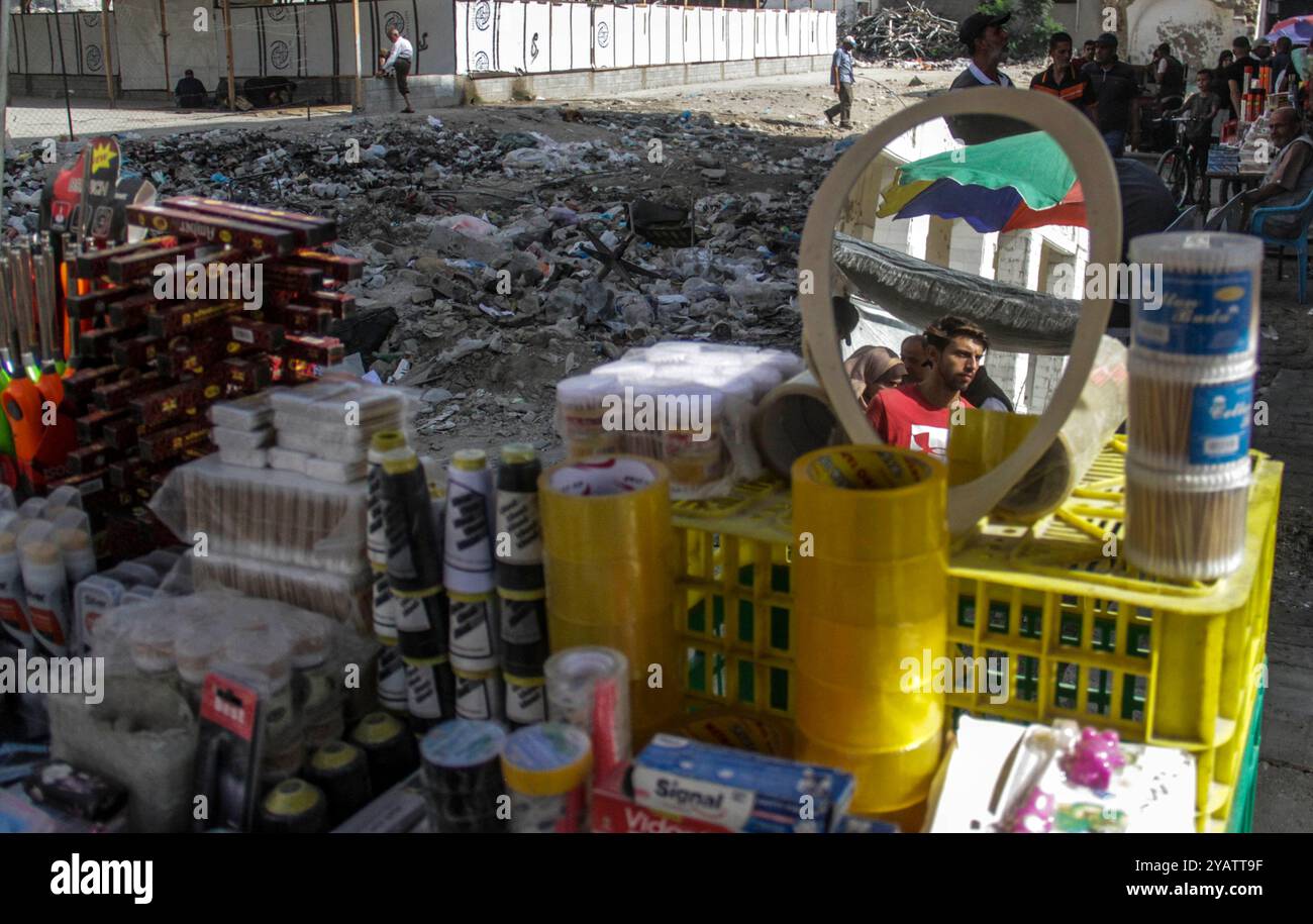 Gaza. 15th Oct, 2024. Products are seen at a market in Jabalia, northern Gaza Strip, on Oct. 15, 2024. Credit: Mahmoud Zaki/Xinhua/Alamy Live News Stock Photo