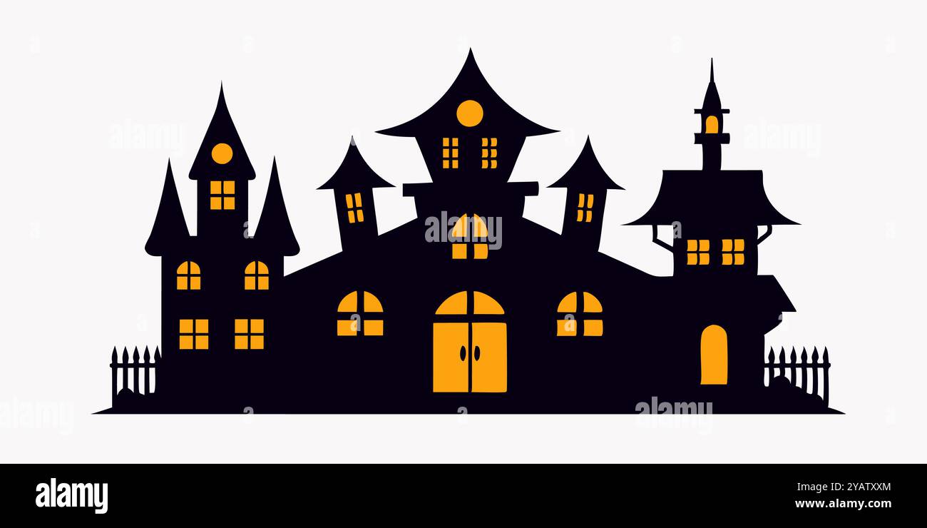 Spooky Halloween Haunted House Silhouette With Glowing Windows. Stock Vector