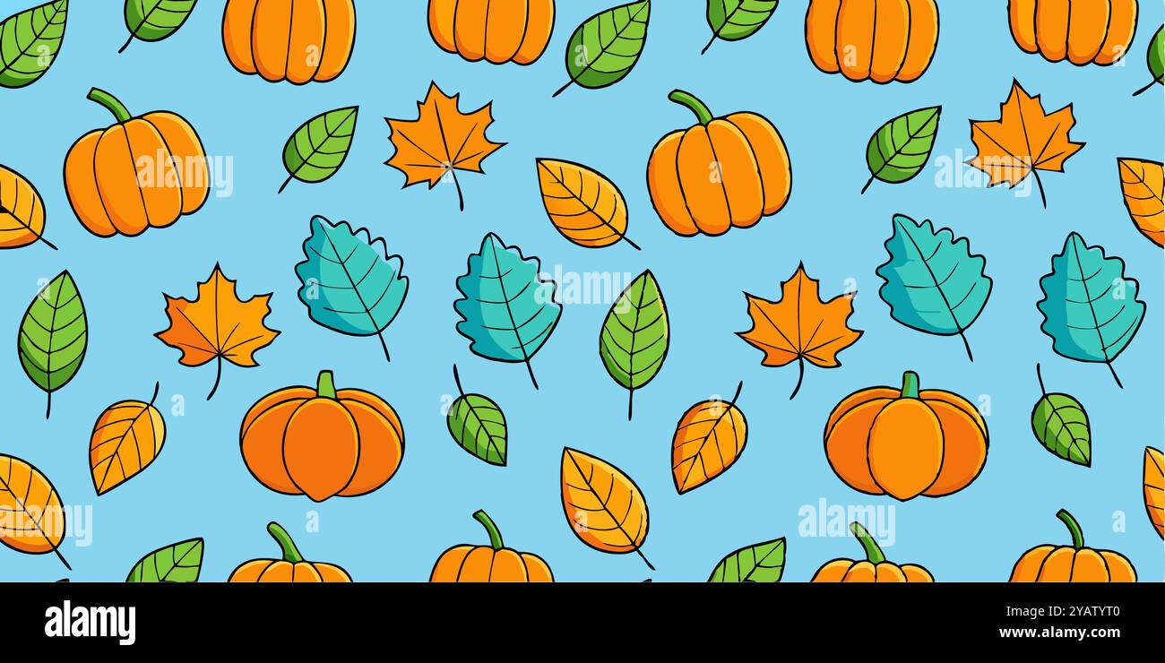 Colorful Autumn Leaves And Pumpkins Pattern On Blue Background , evoking a cheerful, festive fall atmosphere. Stock Vector