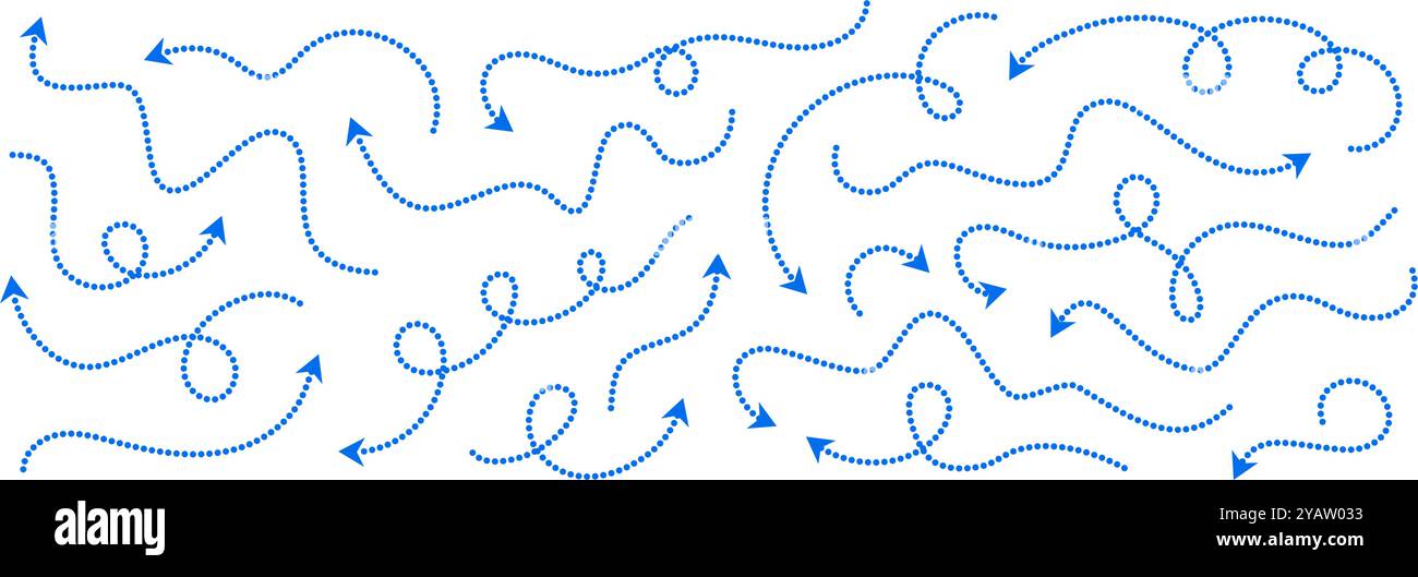 Comic dotted thin arrow set. Blue curved dashed pointer collection. Squiggle sketchy direction lines. Dots squiggle loop stripe design elements bundle for flyer, poster, brochure, banner. Vector Stock Vector
