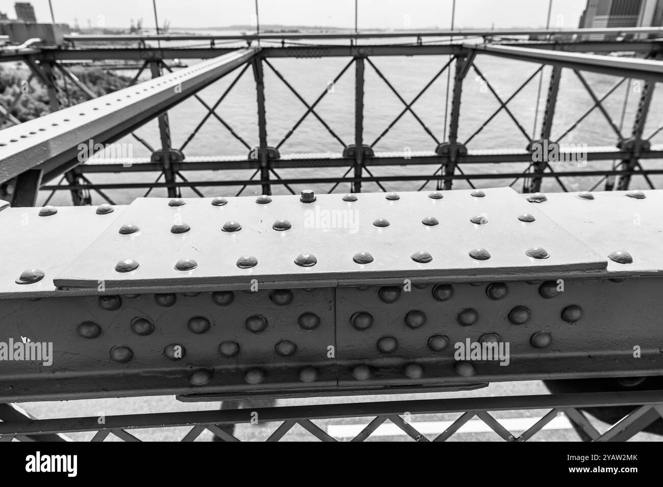 bridge structure with steel girder and beam rivet. construction of bridge steel rivet. structural beam or girder of rusted metal Stock Photo