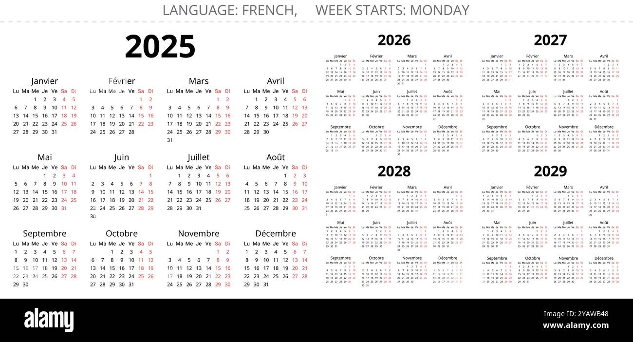2025, 2026, 2027, 2028, 2029 year french annual calendars. Printable